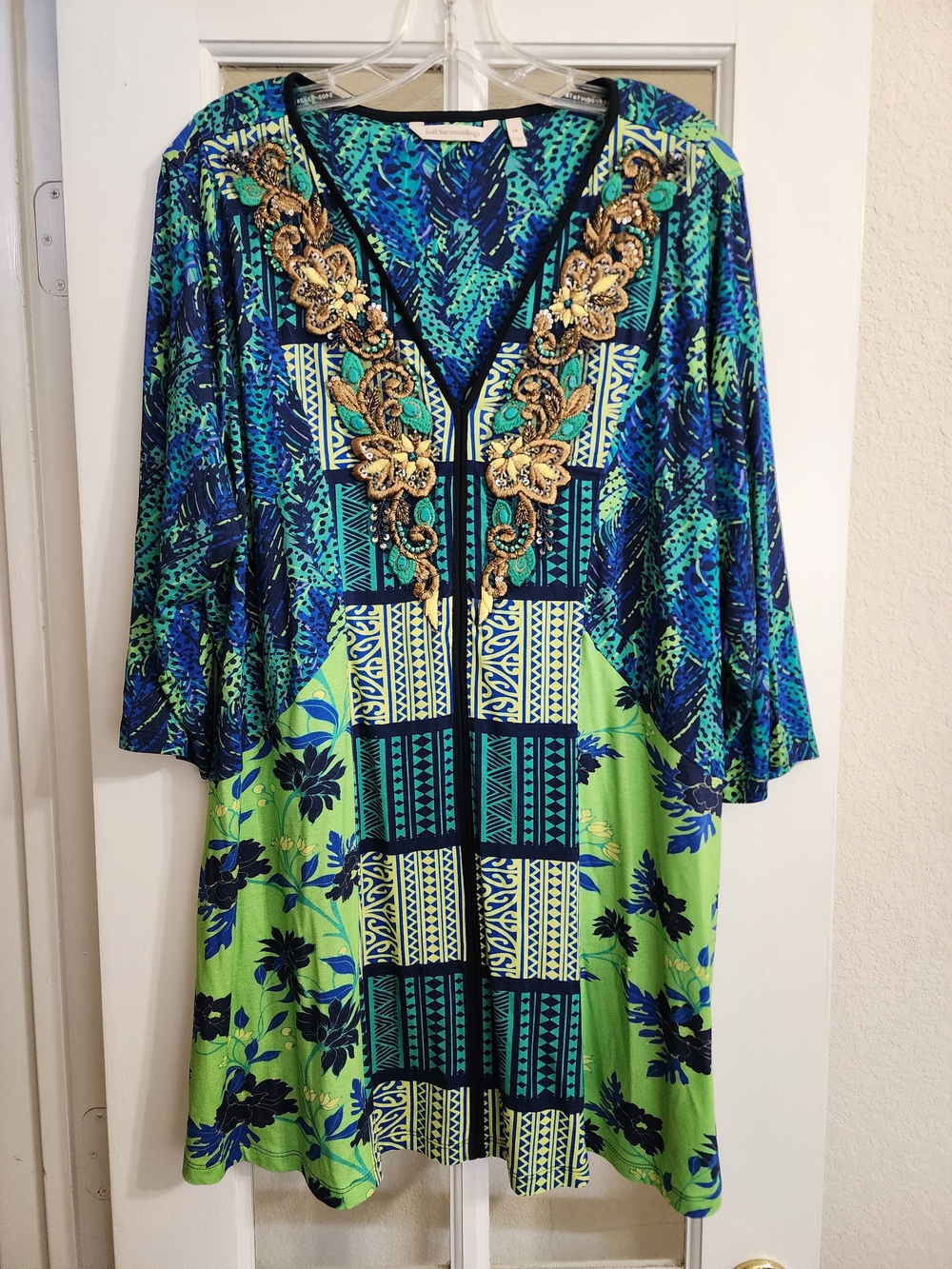 Soft Surroundings 1X SFD07 Embellished Beaded Mixed Print Tunic